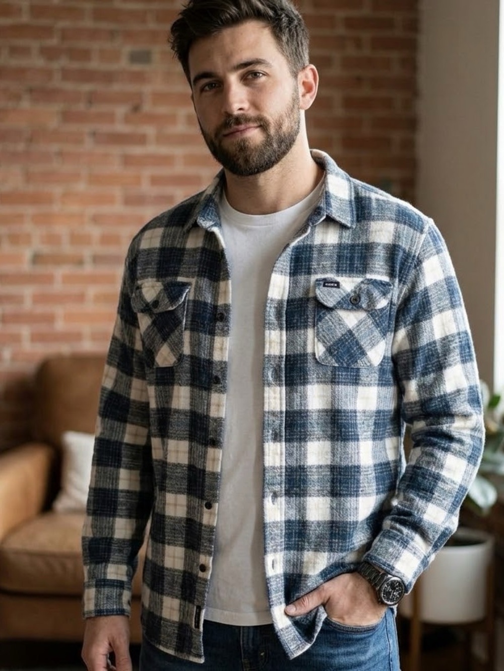 RVCA Blue and White Casual Button Down Shirt